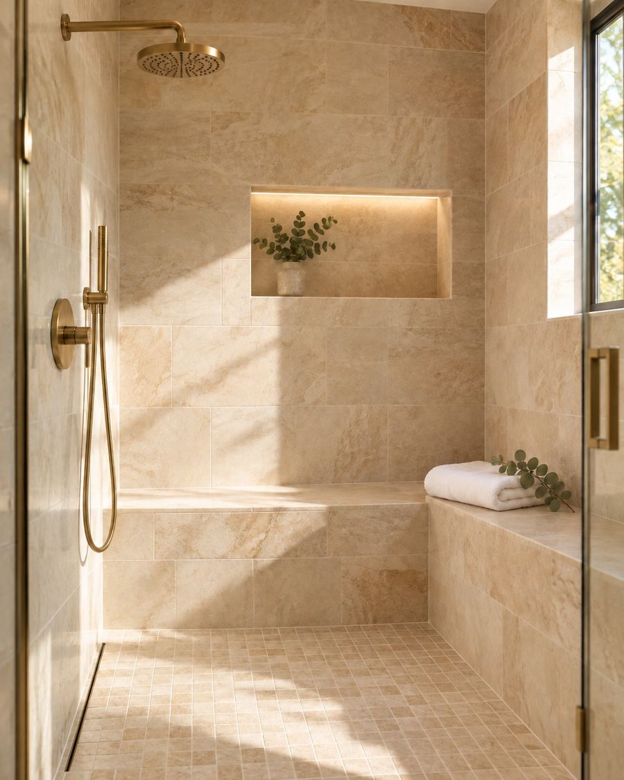 A bright, welcoming walk-in shower with a built-in bench