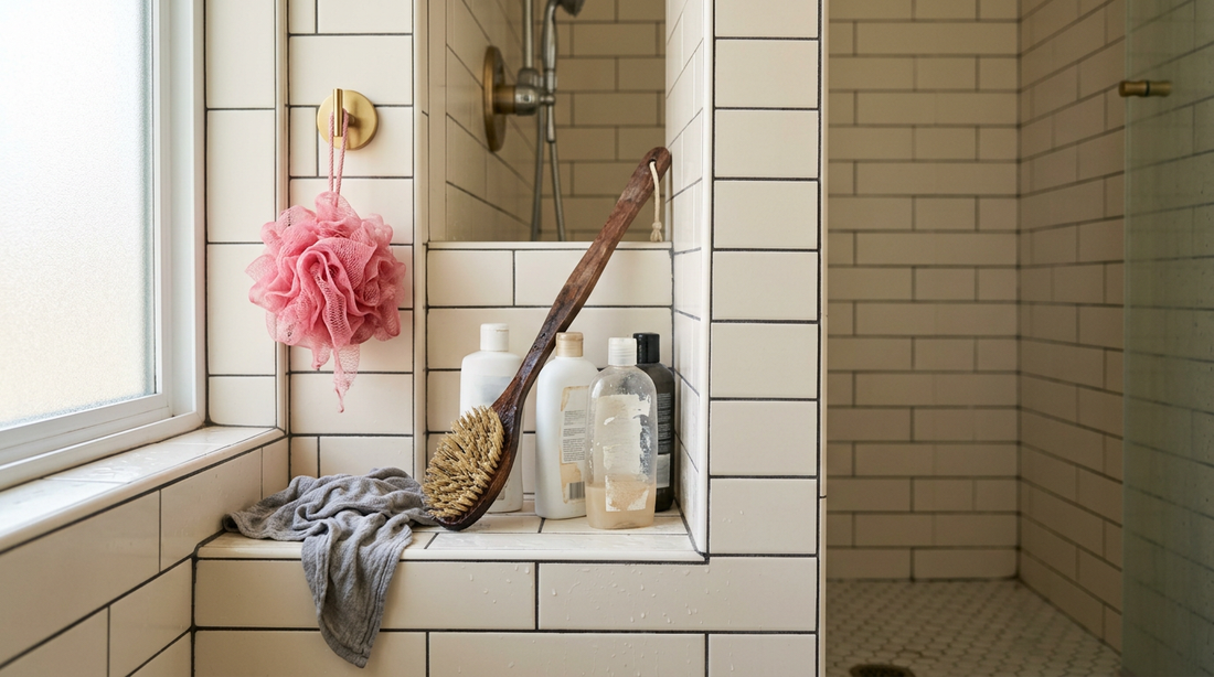 Shower ledge cluttered with a worn loofah, washcloth and old back brush