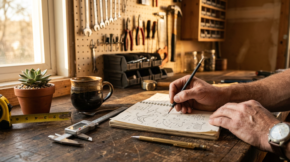 Inventor sketching ideas at a warm garage workbench