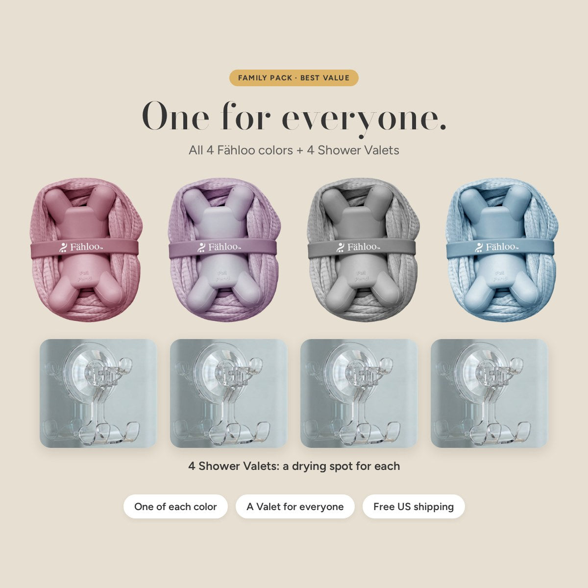 Fähloo Family Pack: all 4 Fähloo colors plus 4 Shower Valets