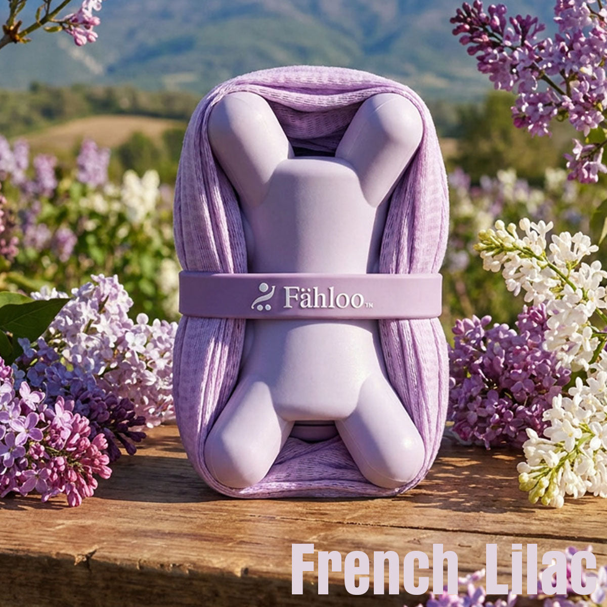 Fähloo exfoliating bathing mesh in French Lilac, bundled in its washcloth configuration