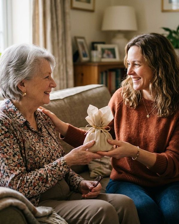 A wrapped gift being handed to a smiling older woman