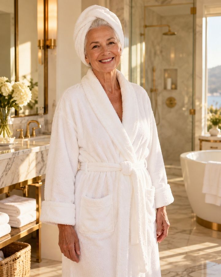 Smiling woman in a robe in a bright bathroom