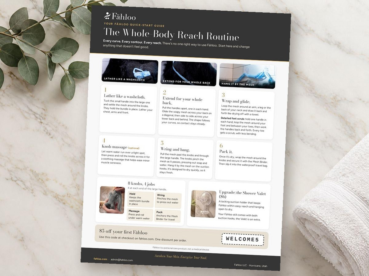 The Whole-Body Reach Routine, a one-page Fähloo guide with six steps and the 8 knobs explained